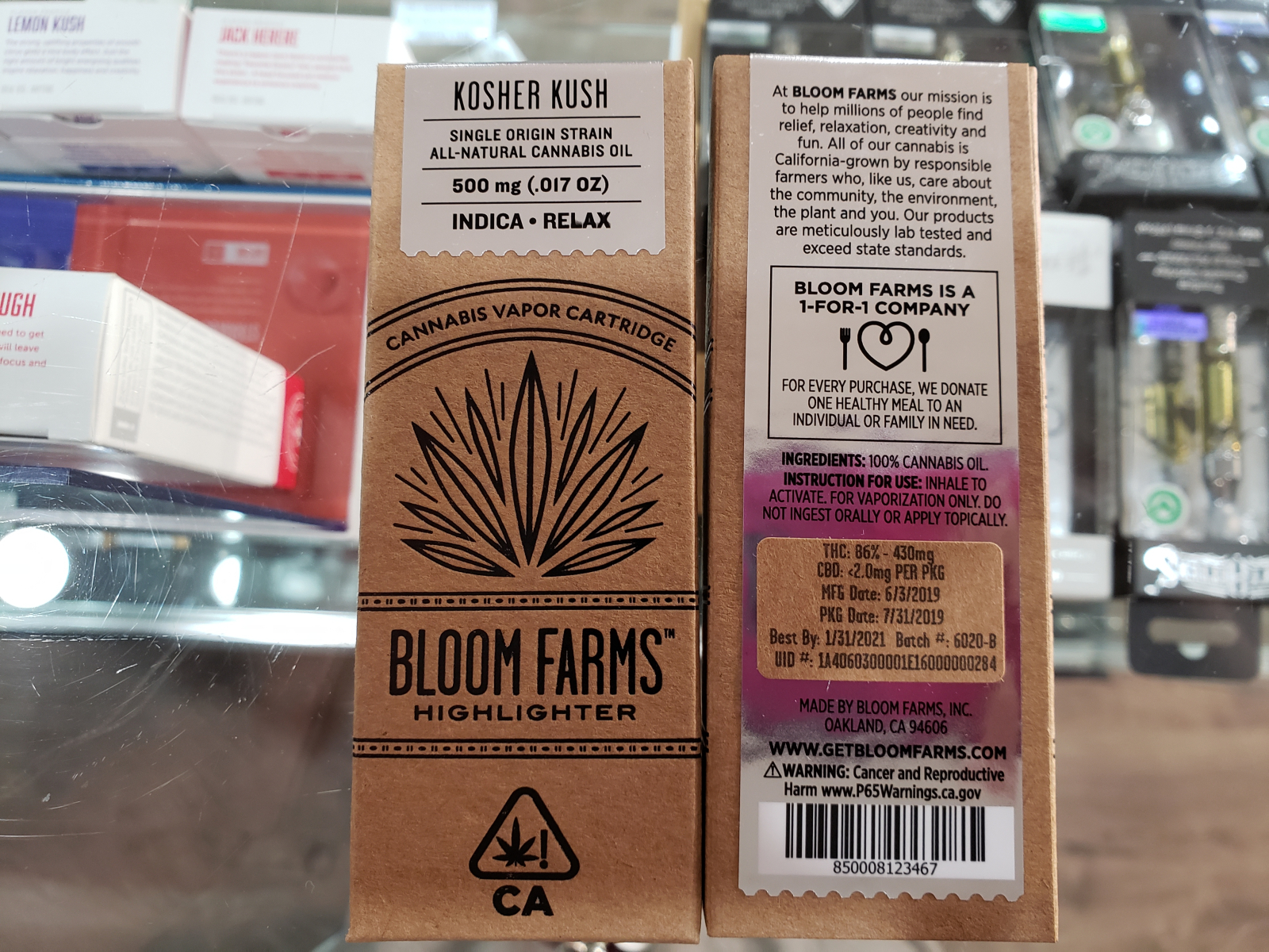 Bloom farms Kosher Kush Indica cartridge half gram