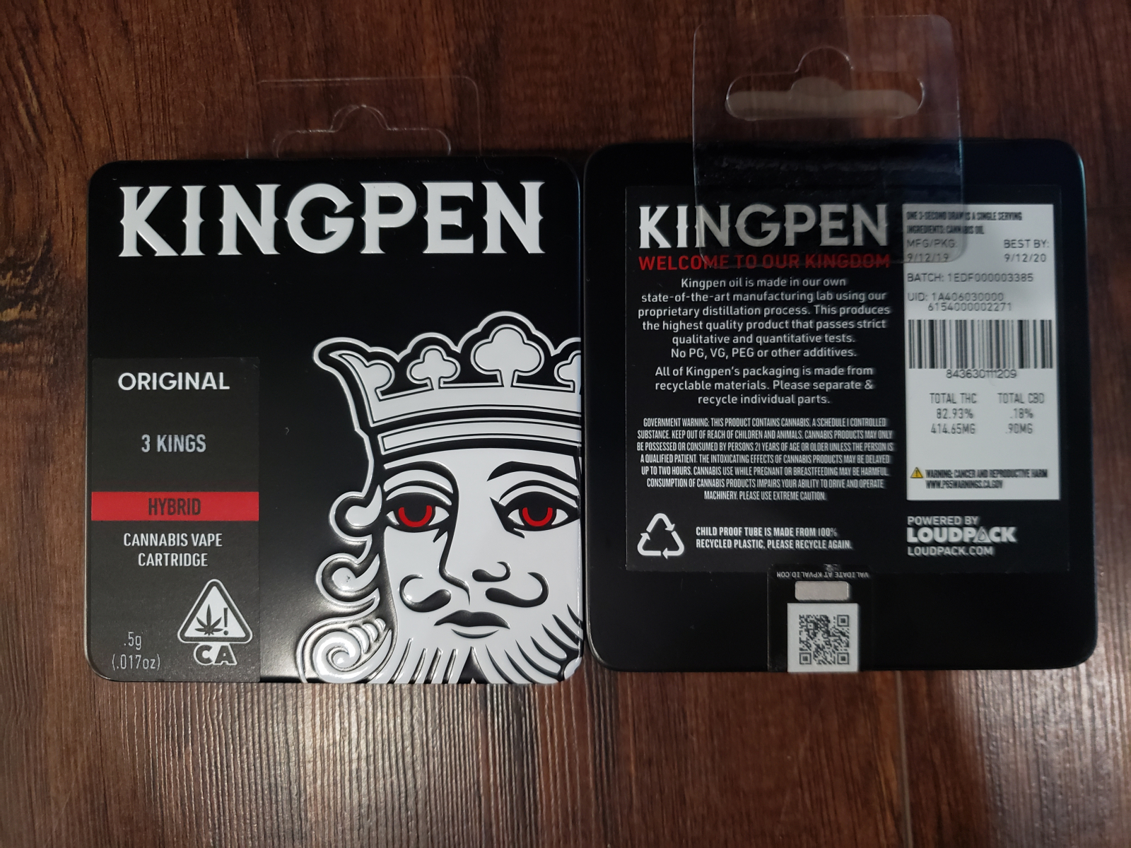 Kingpen half gram 3 Kings vape cartridge Hybrid 83.93%